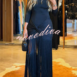 Kyra Shoulder Pads Long Sleeve Twist Design Tassel Hem Stretch Maxi Dress