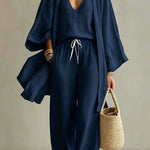 Linen Blend Solid Color Loose Cardigan V-neck Sleeveless Vest and Elastic Waist Pocket Straight Leg Pants Three-piece Set