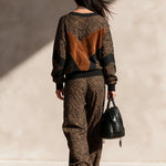 Tiger Print Faux Suede Patch Knit Two Piece Set