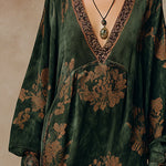 Retro Silhouette Printed Green Faux Suede Tassel Maxi Dress