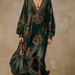 Retro Silhouette Printed Green Faux Suede Tassel Maxi Dress