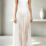 Hot, Sexy Babe Solid Color Off Shoulder Tassel Hem Maxi Dress