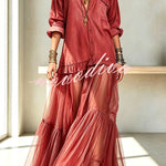 Retro-style Faux Denim Long Sleeve Pocket Tulle Hem Shirt Maxi Dress
