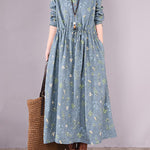 Vintage Floral Printed Ramie Cotton Loose Midi Dress