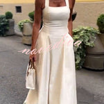 Viki Linen Blend Square Neck Wide Strap Side Button Pocket Tassel Trim Midi Dress