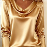 Solid Color Satin Casual Long-sleeved Draped Shirt