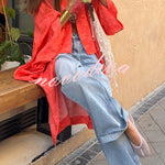 Garcella Satin Jacquard Printed Batwing Sleeve Loose Kimono Long Coat