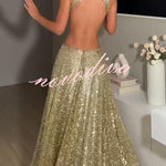 Dazzling Night Sequin Crew Neck Cutout Waist Open Back Flare Maxi Dress