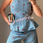 Sweet Casual Denim Cherry Print Princess Seams Flare Vest Top