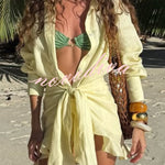 Solid Color Collared Long-sleeved Casual Shirt Style Lace Up Vacation Mini Dress