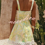 Stelle Linen Blend Floral Print Crochet Zig Zag Trim Back Lace-up Mini Dress