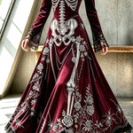Royal-style Halloween Skull Print Square Neck Long Sleeve Flare Maxi Dress