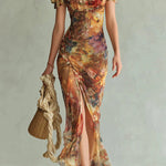 Floral Print Short-sleeved Square Neck Ruffled Elegant Slit Maxi Dress