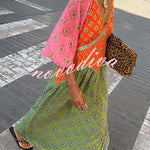 Genovah Colorful Tile Print Patchwork V-neck Balloon Sleeve Maxi Dress