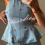 Sweet Casual Denim Cherry Print Princess Seams Flare Vest Top