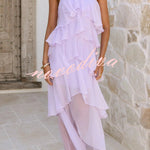 Solid Color Chiffon Halter Neck Elegant Ruffle Maxi Dress