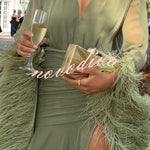 Geisha Lightweight Crepe Feather Trim Sleeve Ruched Waist Slit Maxi Dress