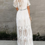 Zeagoo Women's Boho Maxi Dress Embroidery White Lace Loose Holiday Beach Maxi Dress