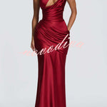 Emina Satin One Shoulder Asymmetrical Neck Cutout Back Lace-up Drape Maxi Dress