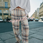 Adrenia Plaid Print Mid Rise Elastic Waist Pocket Tie-up Hem Balloon Pants