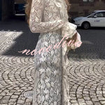 Vivianna Floral Lace Ruffles Trim Long Bell Sleeve Lapel Maxi Dress