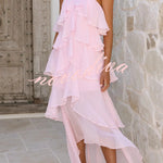 Solid Color Chiffon Halter Neck Elegant Ruffle Maxi Dress