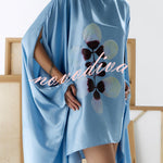 Luisa Satin Floral Print Pleated High-neck Batwing Cutout Sleeve Loose Mini Dress