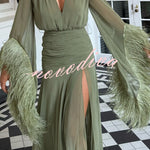 Geisha Lightweight Crepe Feather Trim Sleeve Ruched Waist Slit Maxi Dress