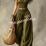 Olive Gypsy  pleated crop top and high-waisted wide-leg pants set
