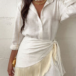Sorena Linen Blend Button Up Long Sleeve Midi Blouse and Tassel Trim Warp Cover-up Mini Dress Set