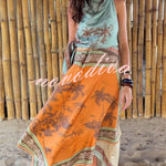 Alberta Satin Unique Color-blocked Print Tie Detail Layered Scarf Midi Dress