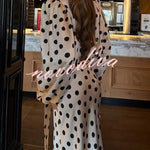Chrissa Satin Polka Dot Print Lace Trim Tie-up Neck Balloon Sleeve Loose Blouse