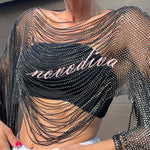 Sparkling Rhinestone Embellished Drape Tassel Batwing Sleeve Loose Crop Cover-up