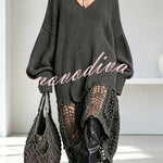 Knit V-neck Long Sleeve Asymmetrical Cut-out Detail Hem Loose Sweater Midi Dress