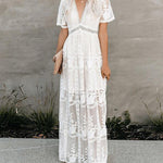 Zeagoo Women's Boho Maxi Dress Embroidery White Lace Loose Holiday Beach Maxi Dress