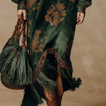 Retro Silhouette Printed Green Faux Suede Tassel Maxi Dress