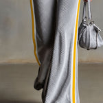 Retro Sporty Gray Ribbed Velvet Yellow Side-Stripe Stand-Collar Zip-Up Belted Wide-Leg Jumpsuit