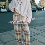 Adrenia Plaid Print Mid Rise Elastic Waist Pocket Tie-up Hem Balloon Pants