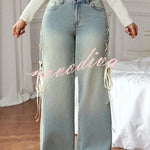 Fashionable Denim Mid Rise Side Ribbon Lace-up Pocket Wide Leg Jeans