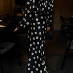 Chrissa Satin Polka Dot Print Lace Trim Tie-up Neck Balloon Sleeve Loose Blouse