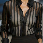 Stylish Sheer Striped Collared Long-sleeved Loose Casual Shirt