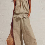 Linen Blend Round Neck Sleeveless Ruffled Top and Elastic Waist Casual Pocket Wide-leg Pants Set