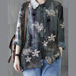 Unique Grey Peter Pan Collar Button Print Fall Blouses Long sleeve