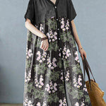 Plus Size Grey Retro Button Summer Print Half Sleeve Maxi Dress
