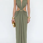Athena Metal-Link Cutout Design Back Lace-up Drape Maxi Dress