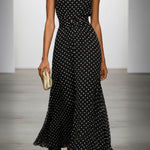 Polka Dot Print Round Neck Sleeveless Pleated Waist Casual Maxi Dress