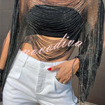 Sparkling Rhinestone Embellished Drape Tassel Batwing Sleeve Loose Crop Cover-up