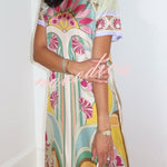 Jazlynn Satin Colorful Baroque Style Printed Short Sleeve Feather Trim Maxi Dress