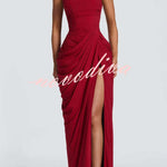 Cyra Back Lace-up Asymmetrical Pleats Strapless Slit Maxi Dress