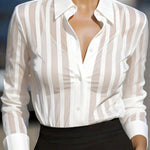 Stylish Sheer Striped Collared Long-sleeved Loose Casual Shirt
